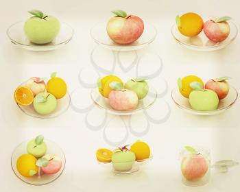 Set of citrus on a glass plate on a white . 3D illustration. Vintage style.
