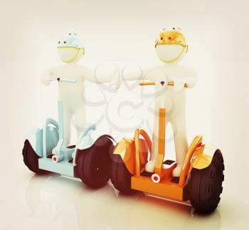 3d people in riding on a personal and ecological transport in helmet and holding hands. Concept of partnership. 3D illustration. Vintage style.