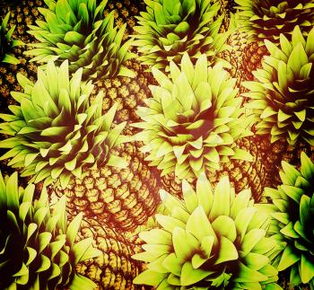 Pineapples background. 3D illustration. Vintage style.