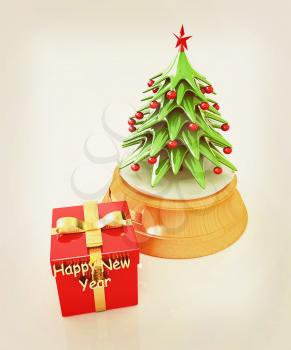 Christmas tree and gift on a white background. 3D illustration. Vintage style.