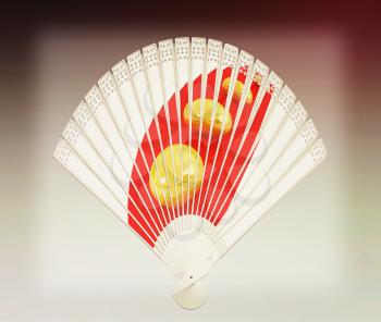 Colorful hand fan. Isolated on gray. 3D illustration. Vintage style.