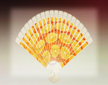 Colorful hand fan. Isolated on gray . 3D illustration. Vintage style.
