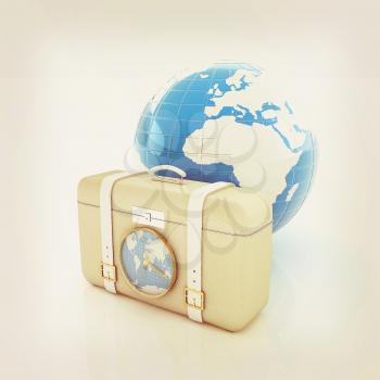 Suitcase for travel end Earth. 3D illustration. Vintage style.