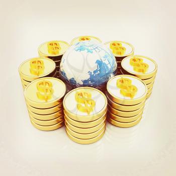 Gold dollar coin stack around the Earth isolated on white . 3D illustration. Vintage style.