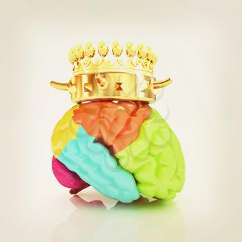 Gold Crown on the brain. 3D illustration. Vintage style.
