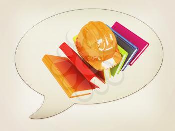 messenger window icon and Hard hat on a colorful books . 3D illustration. Vintage style.