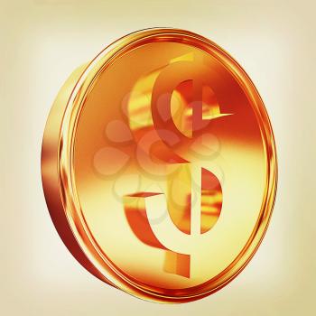 Gold coin with dollar sign. 3D illustration. Vintage style.