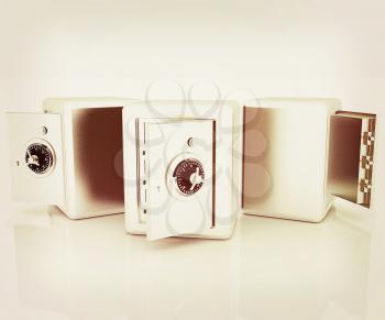 Security metal safes with empty space inside . 3D illustration. Vintage style.