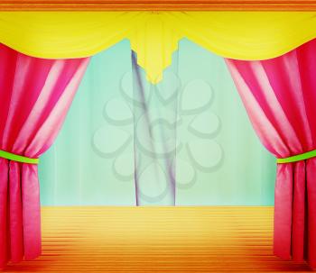 Colorfull curtains and wooden scene floor . 3D illustration. Vintage style.