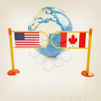 Three-dimensional image of the turnstile and flags of USA and Canada on a white background . 3D illustration. Vintage style.