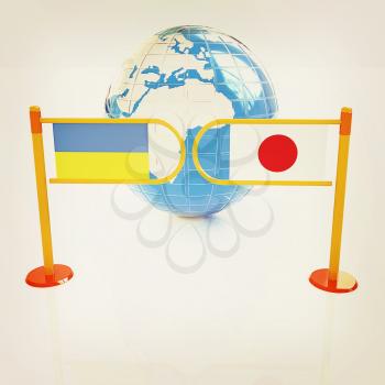 Three-dimensional image of the turnstile and flags of Japan and Ukraine on a white background . 3D illustration. Vintage style.