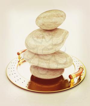 Spa stones on tray. 3D illustration. Vintage style.