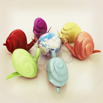3d fantasy animals, snails and earth on white background . 3D illustration. Vintage style.