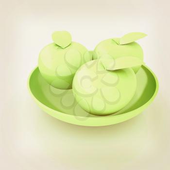 apple in a plate on white. 3D illustration. Vintage style.