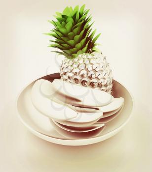 Metall citrus in a dish. 3D illustration. Vintage style.