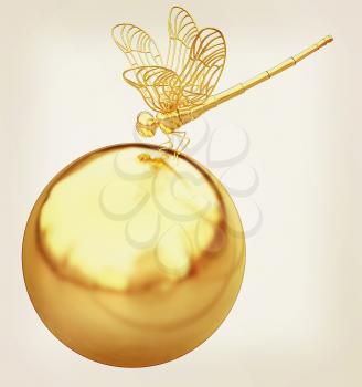 Dragonfly on abstract design sphere. 3D illustration. Vintage style.