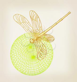 Dragonfly on abstract design sphere. 3D illustration. Vintage style.