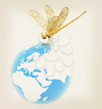Dragonfly on earth. 3D illustration. Vintage style.
