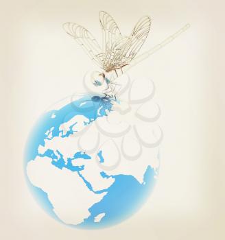 Dragonfly on earth. 3D illustration. Vintage style.