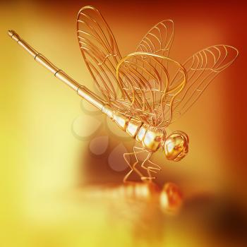 Gold dragonfly on a gold background. 3D illustration. Vintage style.
