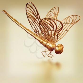 Gold dragonfly on a metall background. 3D illustration. Vintage style.