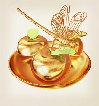 Dragonfly on gold apples. 3D illustration. Vintage style.