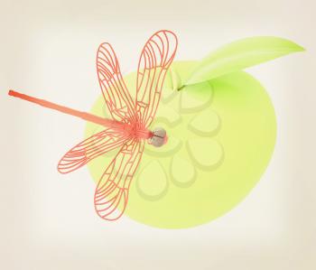 Dragonfly on apple. 3D illustration. Vintage style.