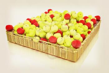 Wicker basket full of apples isolated on white. 3D illustration. Vintage style.