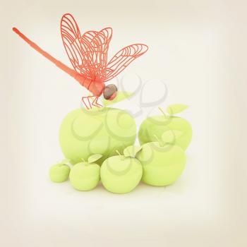 Dragonfly on apple. Natural eating concept. 3D illustration. Vintage style.