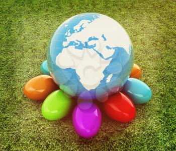 Earth on Colored Easter eggs on a green grass. 3D illustration. Vintage style.