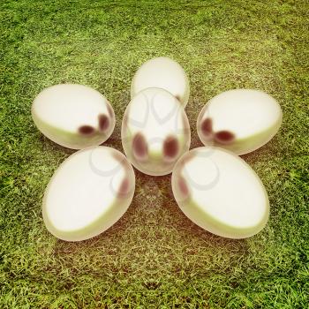 Metall Easter eggs as a flower on a green grass. 3D illustration. Vintage style.