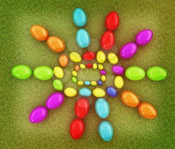 Easter eggs as a Happy Easter greeting on a green grass. 3D illustration. Vintage style.