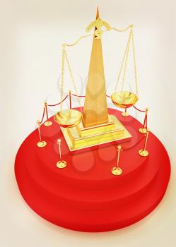Gold scales of justice on 3d carpeting podium with gold handrail . 3D illustration. Vintage style.