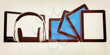 headphones on the  laptop and  tablet pc on a white background. 3D illustration. Vintage style.