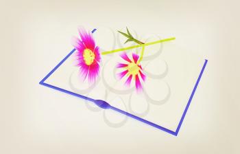 Wonderful flower cosmos on the exposed book. 3D illustration. Vintage style.