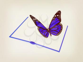 butterfly on a book on a white background. 3D illustration. Vintage style.
