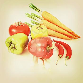 fresh vegetables with green leaves on a white background. 3D illustration. Vintage style.