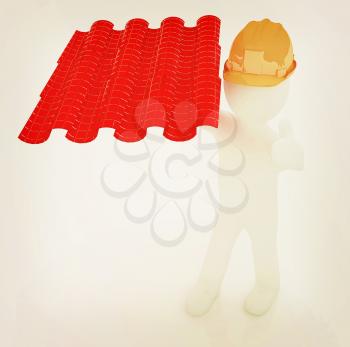 3d man presents the roof tiles on a white background. 3D illustration. Vintage style.