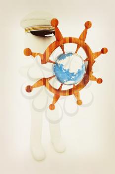 Sailor with wood steering wheel and earth. Trip around the world concept on a white background. 3D illustration. Vintage style.