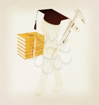 3d man in graduation hat with the best technical educational literature and vernier caliper on a white background. 3D illustration. Vintage style.
