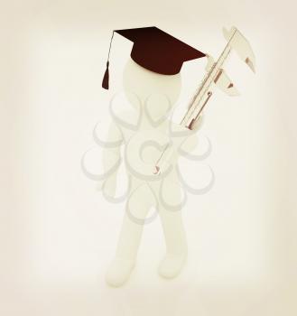3d man in graduation hat with vernier caliper on a white background. 3D illustration. Vintage style.