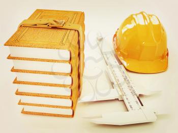 Vernier caliper, leather books and yellow hard hat on a white background. 3D illustration. Vintage style.