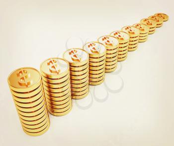 Gold dollar coin stack isolated on white . 3D illustration. Vintage style.