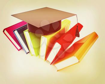 Colorful books and graduation hat on a white background. 3D illustration. Vintage style.