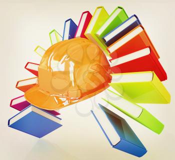 Colorful books like the rainbow and hard hat on a white background. 3D illustration. Vintage style.