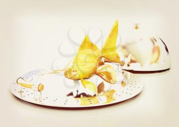 Gold fish on a restaurant cloche on a white background. 3D illustration. Vintage style.