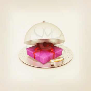 Illustration of a luxury gift on restaurant cloche on a white background. 3D illustration. Vintage style.