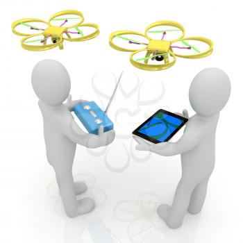 3d white people. Man flying a white drone with camera. 3D render