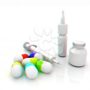 Syringe, tablet, pill jar. 3D illustration. Anaglyph. View with red/cyan glasses to see in 3D.