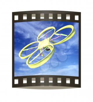 Drone, quadrocopter, with photo camera against the sky. 3D illustration. The film strip